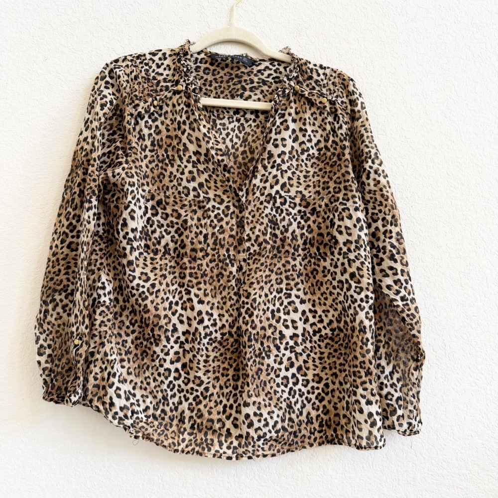 Zara Woman Leopard Print Cotton Silk Blend Ruffle V-Neck Blouse Brown Large
